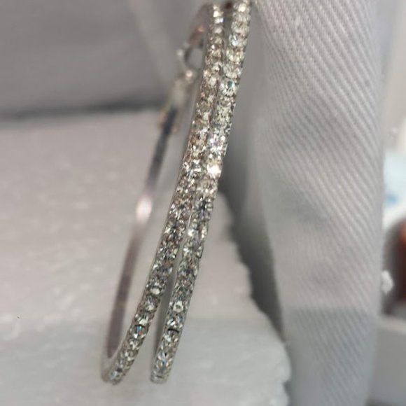 Hoop Earrings Silver Rhinestones Large Statement - Picture 1 of 9